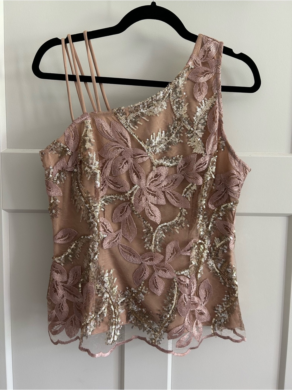 VENUS Size 10 One Shoulder Sequin Floral Embroidered Blush Top NWOT